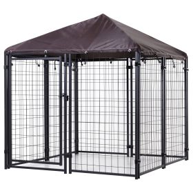 5'x 5' Outdoor Dog Kennel with Roof, Steel Dog Fence with Water-and UV-Resistant Canopy, Jet Black
